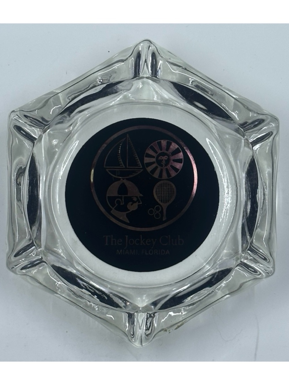 Vtg The Jockey Club Miami Florida Glass Ashtray - Black & Gold - Picture 2 of 5